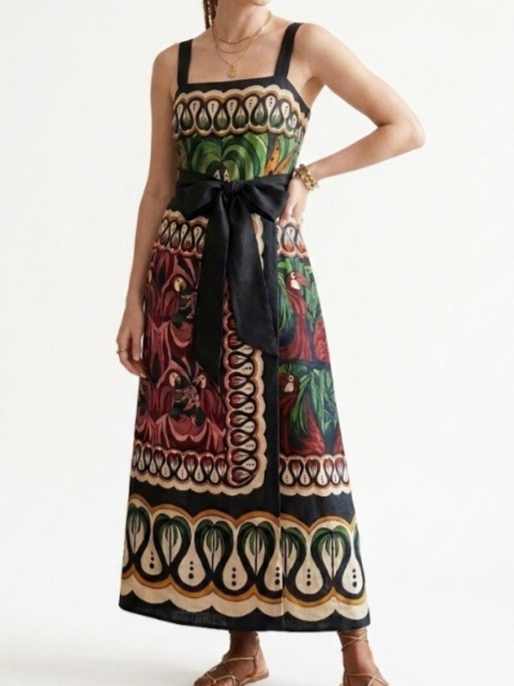 FARM Rio Coconut Tree Flow Scarf Linen-Blend Midi Dress - Size S - Picture 2 of 7